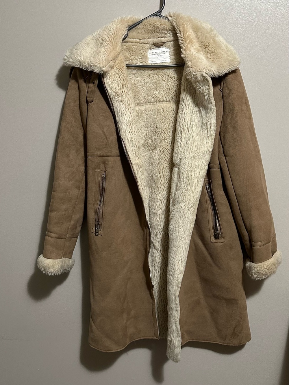 Zara Tan Faux Suede Shearling Trench Coat with Cream Lining